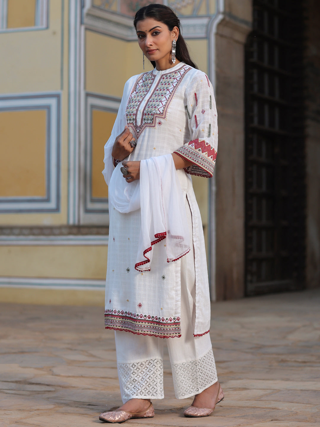 Multi-Coloured Cotton Dobby Embroidered Kurta, Pant & Dupatta Set