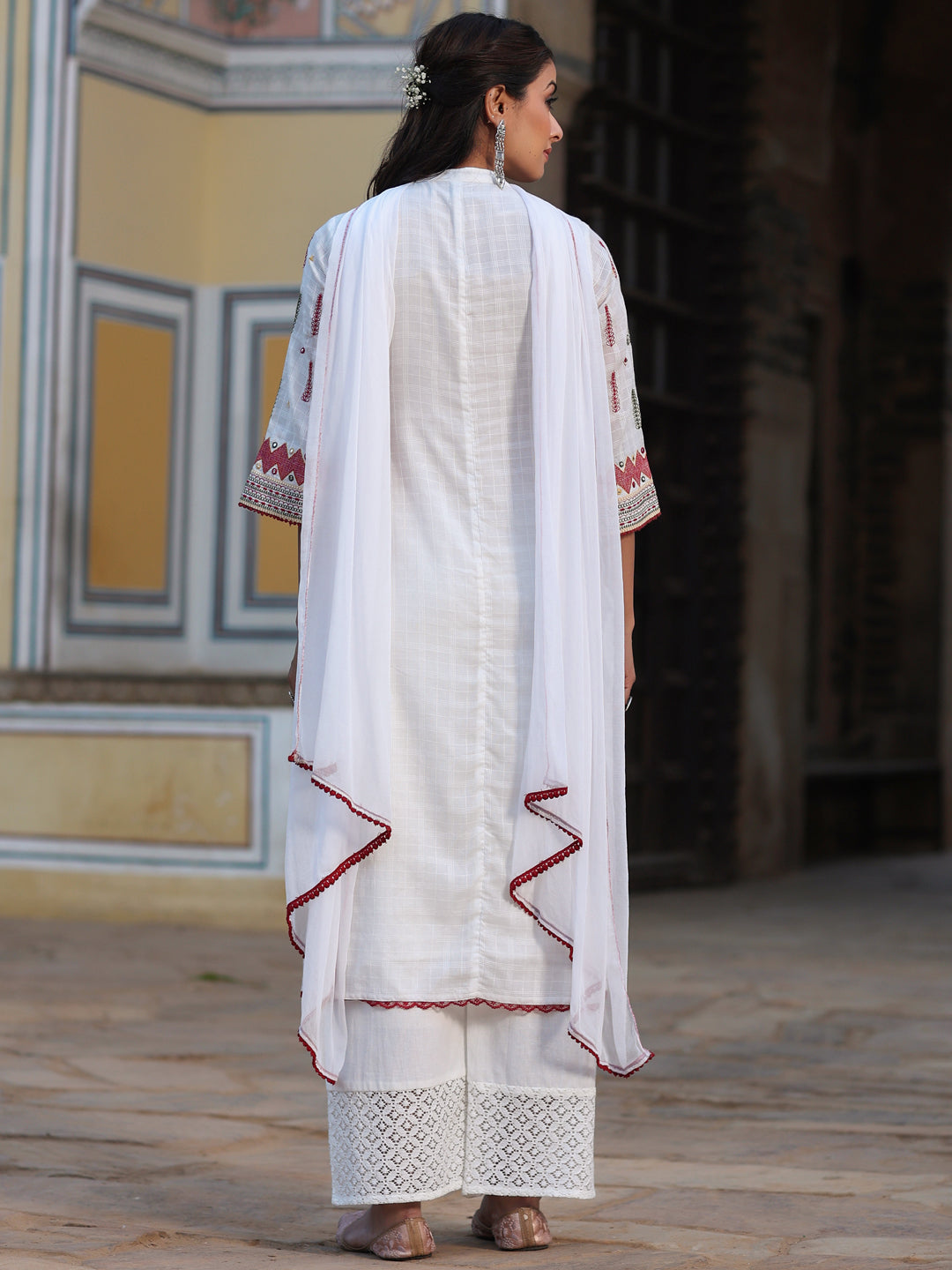 Multi-Coloured Cotton Dobby Embroidered Kurta, Pant & Dupatta Set