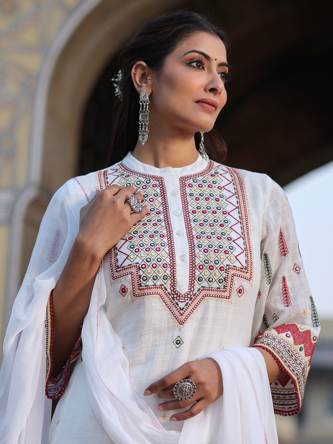 Multi-Coloured Cotton Dobby Embroidered Kurta, Pant & Dupatta Set