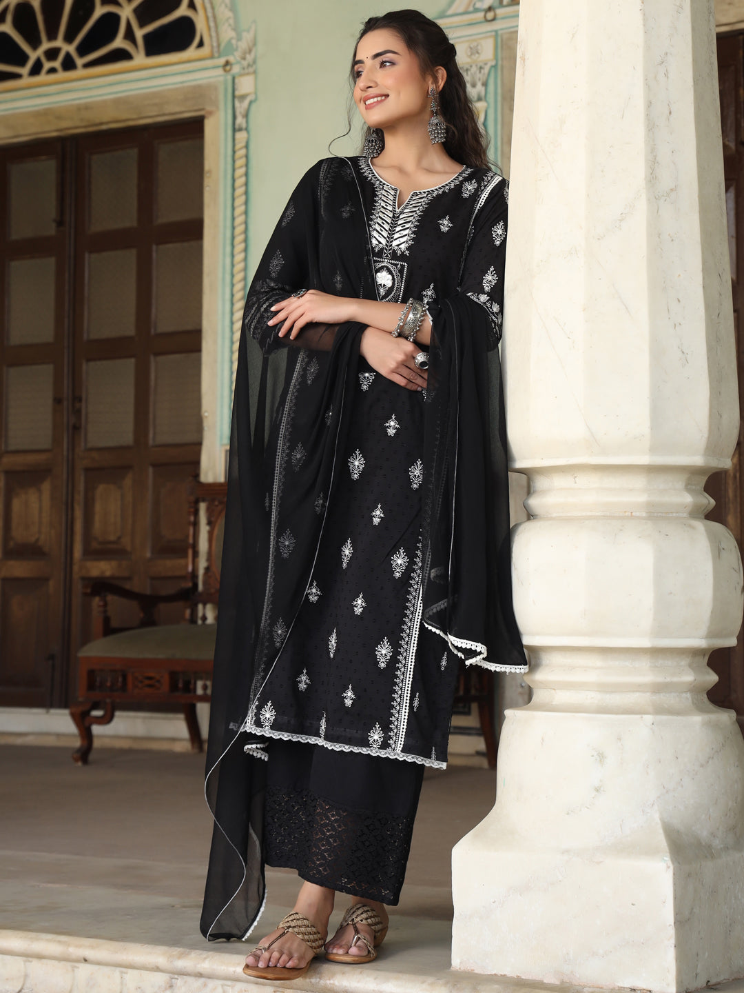 Black Cotton Dobby Embroidered Kurta, Pant & Dupatta Set