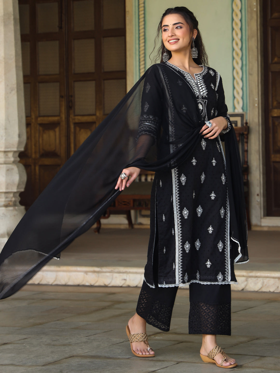 Black Cotton Dobby Embroidered Kurta, Pant & Dupatta Set