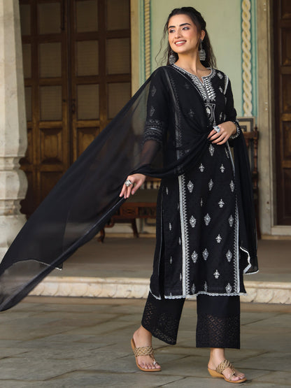 Black Cotton Dobby Embroidered Kurta, Pant & Dupatta Set