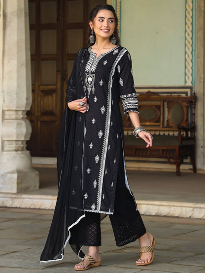Black Cotton Dobby Embroidered Kurta, Pant & Dupatta Set
