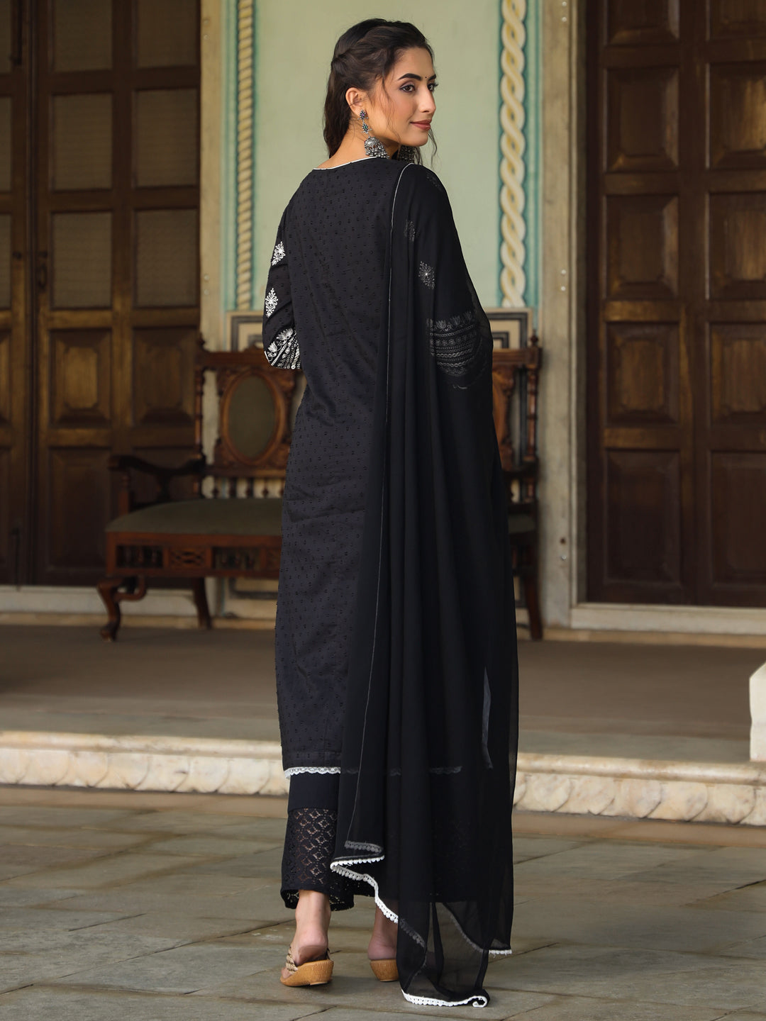 Black Cotton Dobby Embroidered Kurta, Pant & Dupatta Set