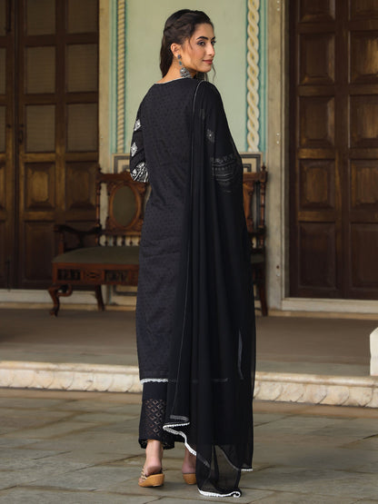 Black Cotton Dobby Embroidered Kurta, Pant & Dupatta Set