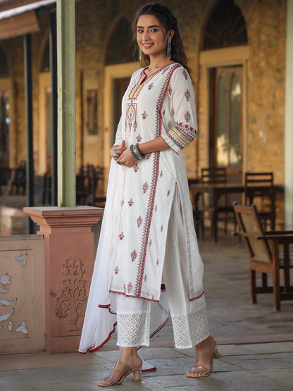 Multi-Coloured Cotton Dobby Embroidered Kurta, Pant & Dupatta Set