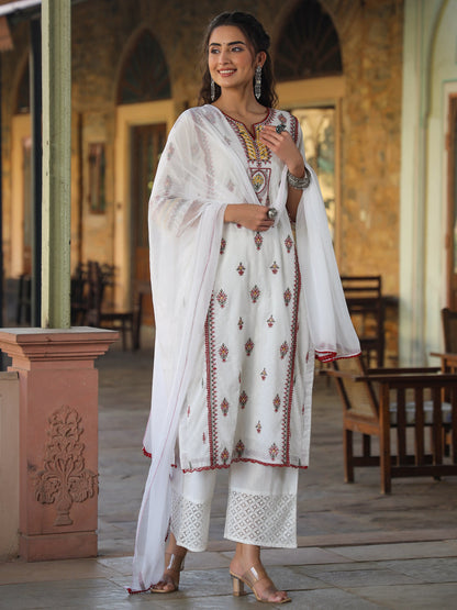 Multi-Coloured Cotton Dobby Embroidered Kurta, Pant & Dupatta Set