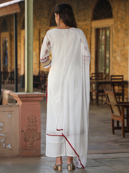 Multi-Coloured Cotton Dobby Embroidered Kurta, Pant & Dupatta Set