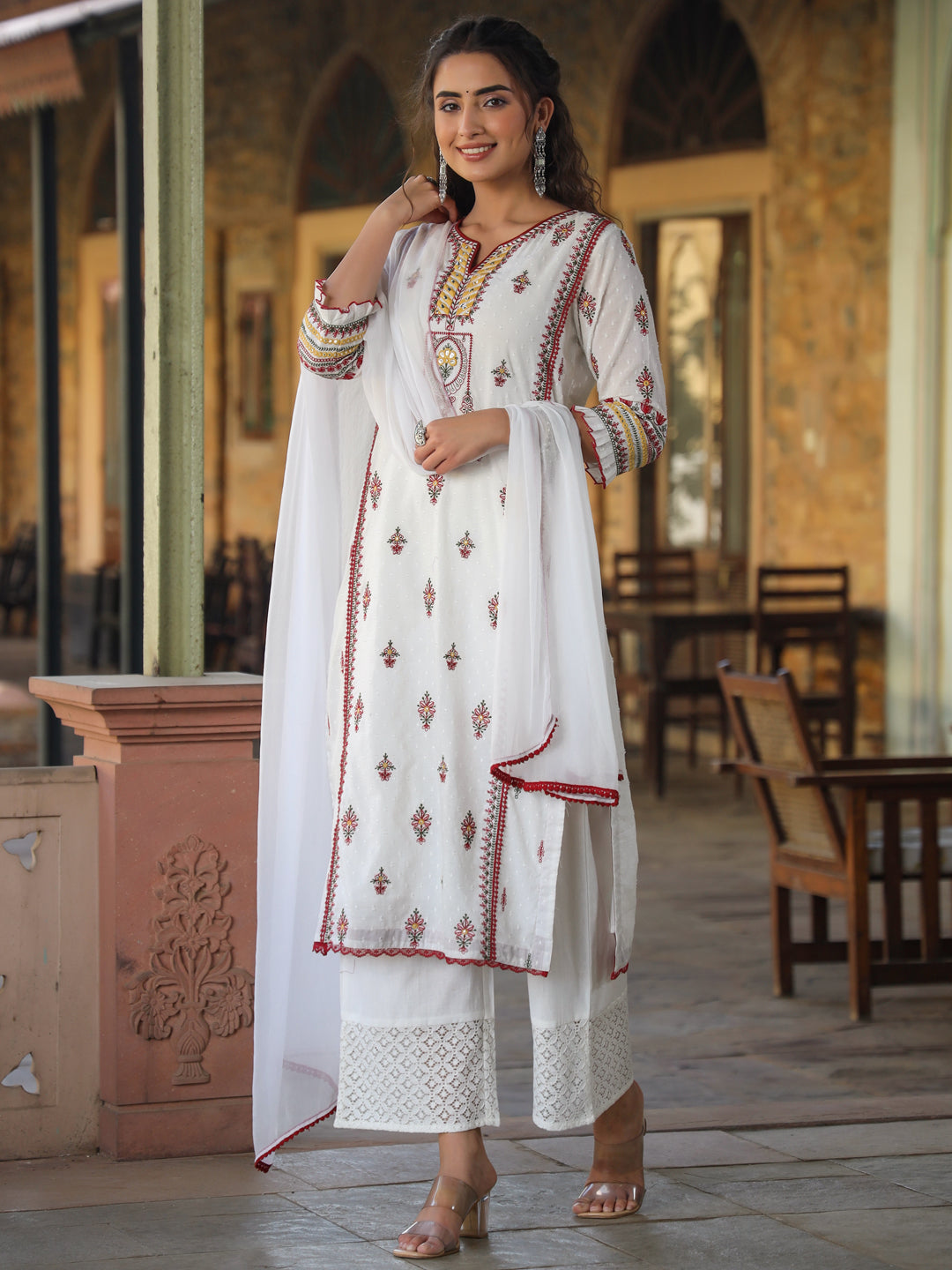 Multi-Coloured Cotton Dobby Embroidered Kurta, Pant & Dupatta Set
