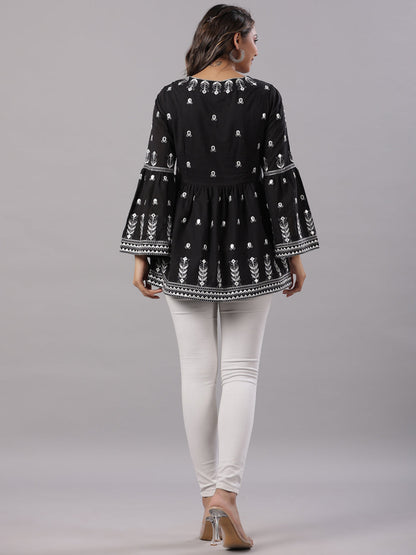 Black Cotton Dobby Embroidered Peplum Tunic
