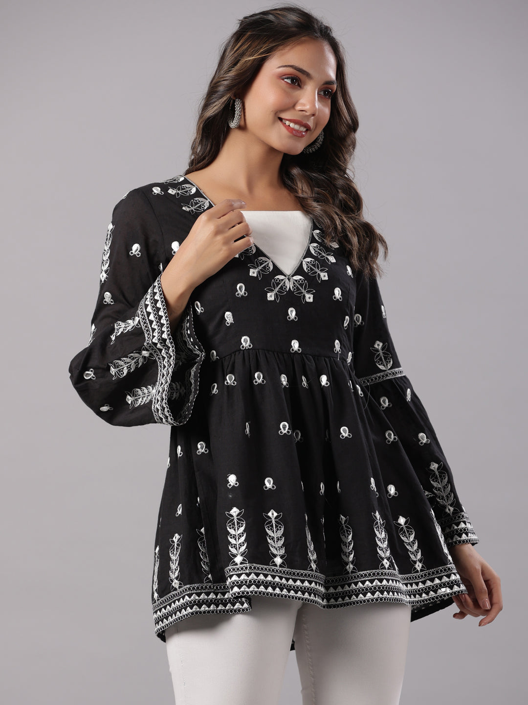 Black Cotton Dobby Embroidered Peplum Tunic