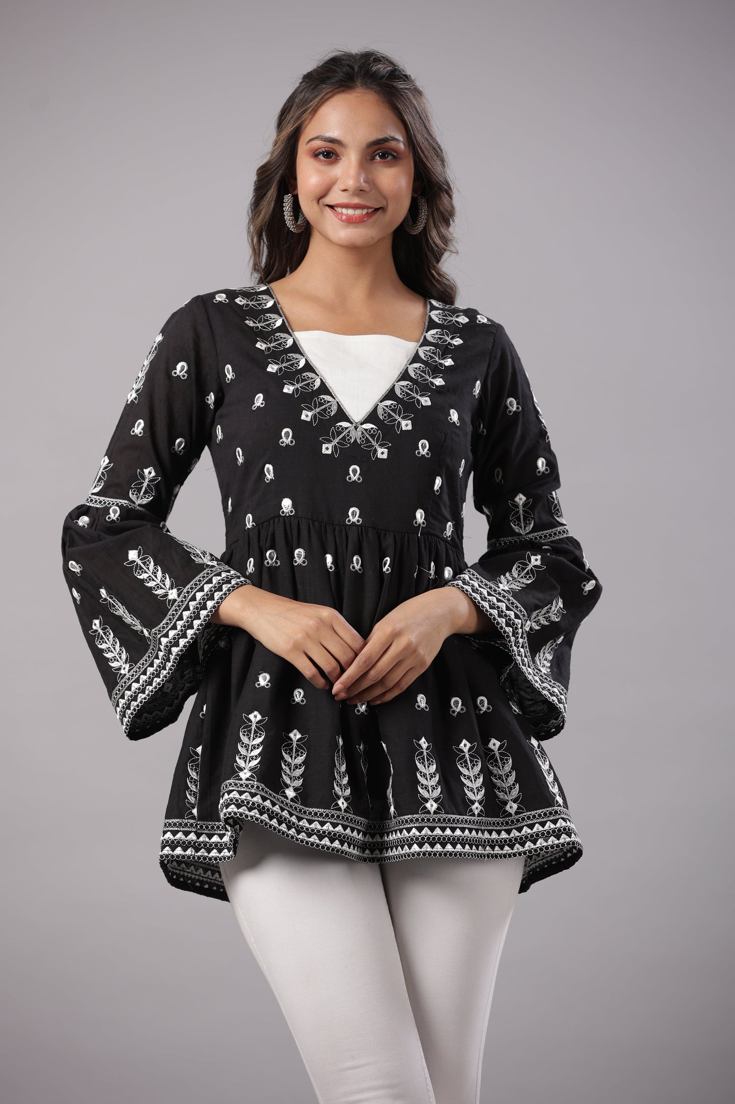Black Cotton Dobby Embroidered Peplum Tunic