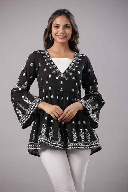 Black Cotton Dobby Embroidered Peplum Tunic