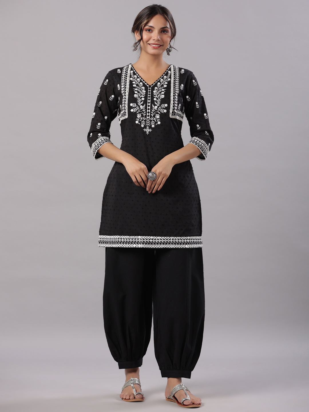 Black Cotton Dobby Embroidered Kurta, Pathani Salwar & Dupatta Set