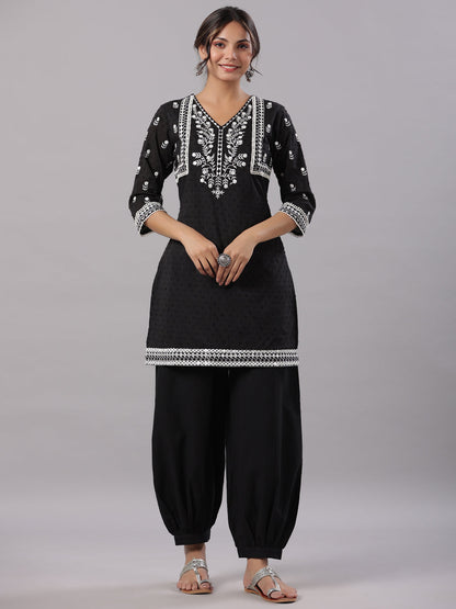 Black Cotton Dobby Embroidered Kurta, Pathani Salwar & Dupatta Set