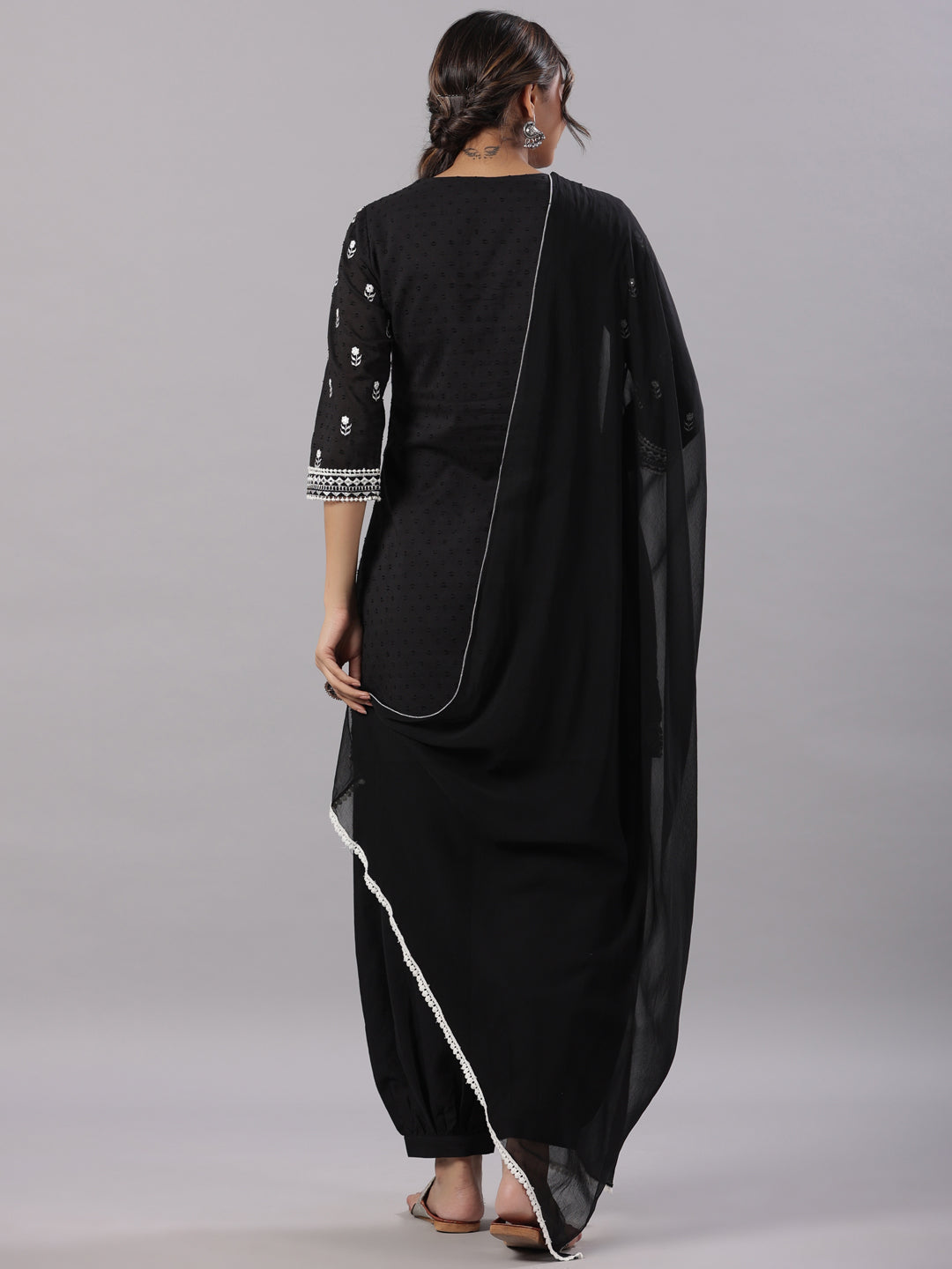 Black Cotton Dobby Embroidered Kurta, Pathani Salwar & Dupatta Set