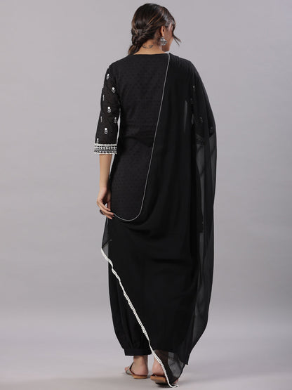 Black Cotton Dobby Embroidered Kurta, Pathani Salwar & Dupatta Set