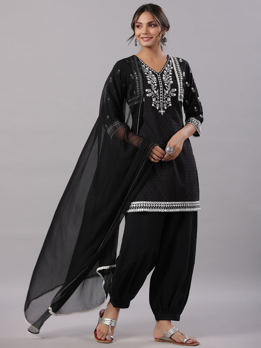 Black Cotton Dobby Embroidered Kurta, Pathani Salwar & Dupatta Set