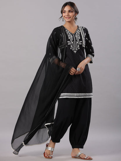 Black Cotton Dobby Embroidered Kurta, Pathani Salwar & Dupatta Set