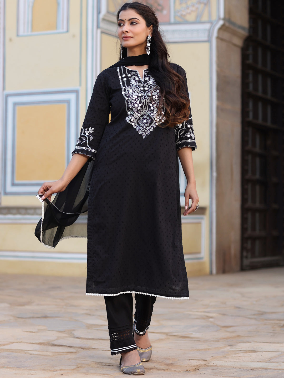 Black Cotton Dobby Embroidered Kurta, Pant & Dupatta Set