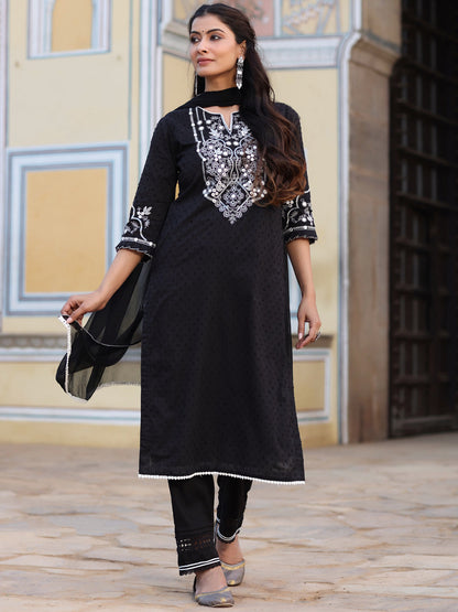 Black Cotton Dobby Embroidered Kurta, Pant & Dupatta Set