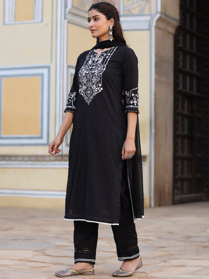 Black Cotton Dobby Embroidered Kurta, Pant & Dupatta Set