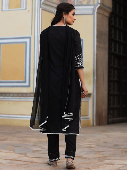 Black Cotton Dobby Embroidered Kurta, Pant & Dupatta Set