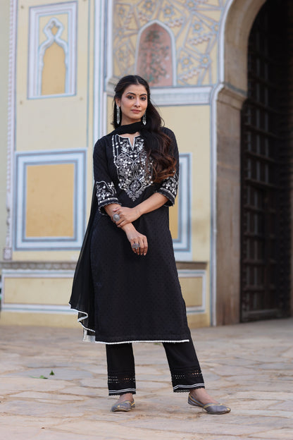 Black Cotton Dobby Embroidered Kurta, Pant & Dupatta Set