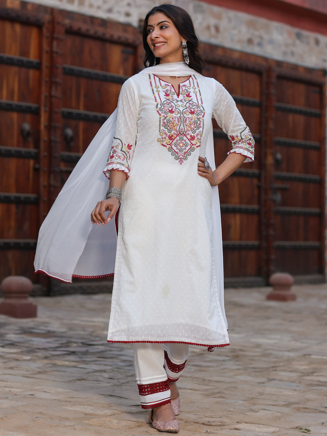 Multi-Coloured Cotton Dobby Embroidered Kurta, Pant & Dupatta Set
