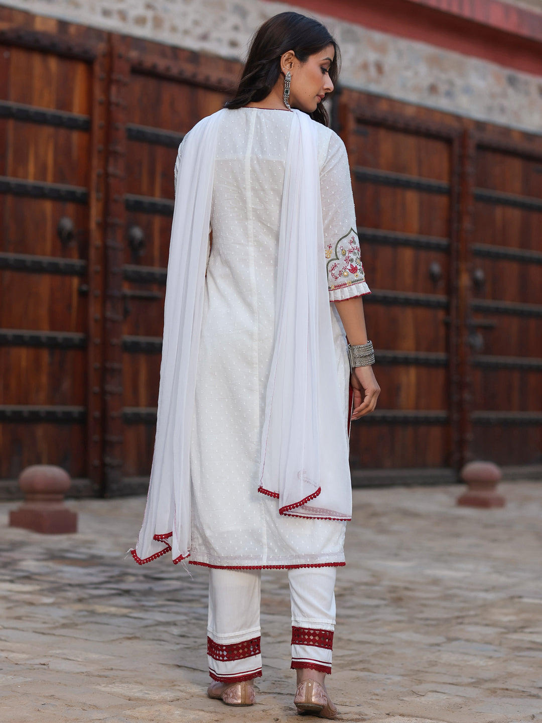 Multi-Coloured Cotton Dobby Embroidered Kurta, Pant & Dupatta Set