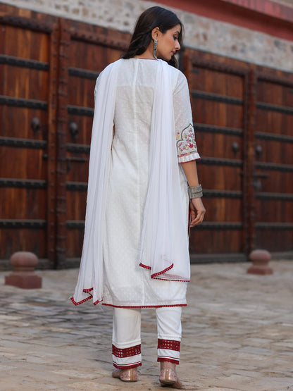 Multi-Coloured Cotton Dobby Embroidered Kurta, Pant & Dupatta Set