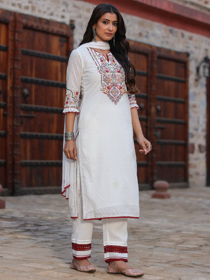 Multi-Coloured Cotton Dobby Embroidered Kurta, Pant & Dupatta Set