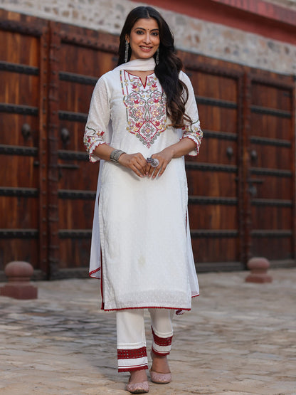 Multi-Coloured Cotton Dobby Embroidered Kurta, Pant & Dupatta Set
