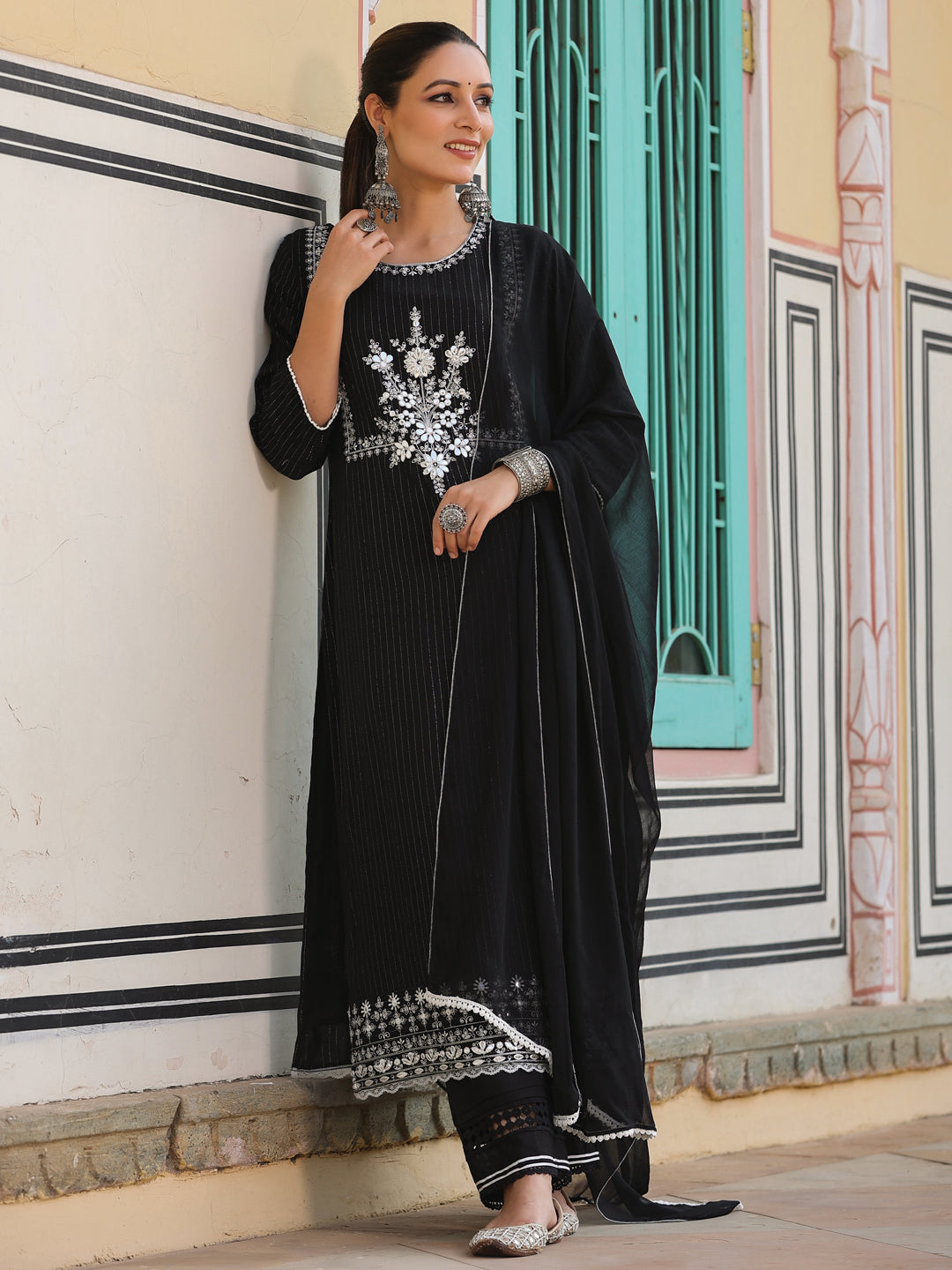 Black Rayon Lurex Embroidered Kurta, Pant & Dupatta Set