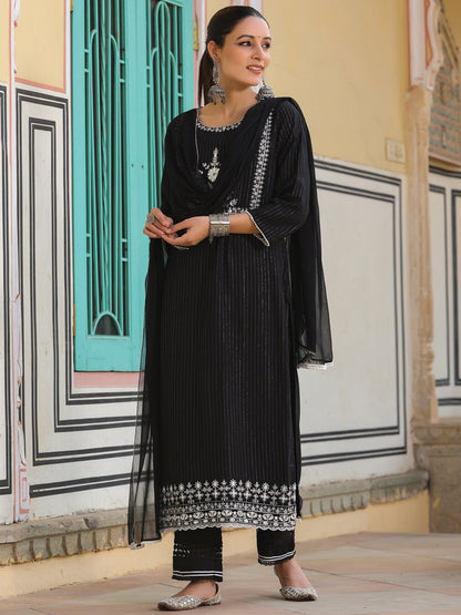 Black Rayon Lurex Embroidered Kurta, Pant & Dupatta Set