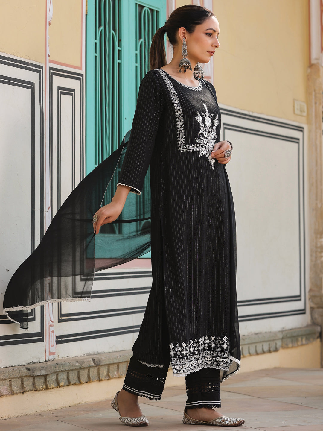 Black Rayon Lurex Embroidered Kurta, Pant & Dupatta Set