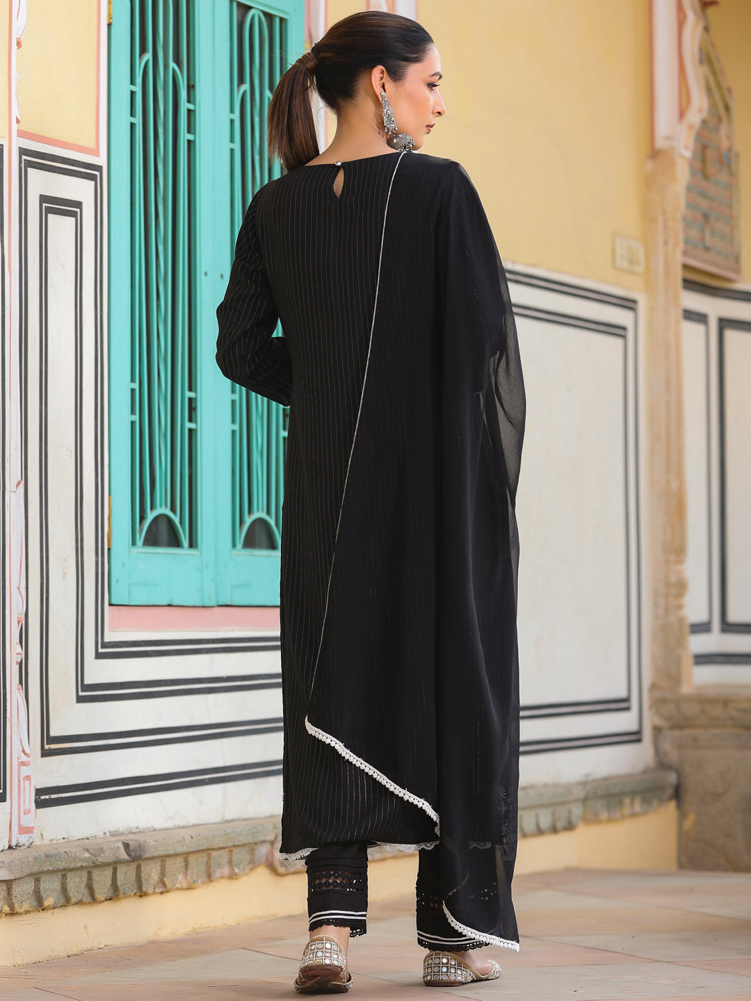 Black Rayon Lurex Embroidered Kurta, Pant & Dupatta Set