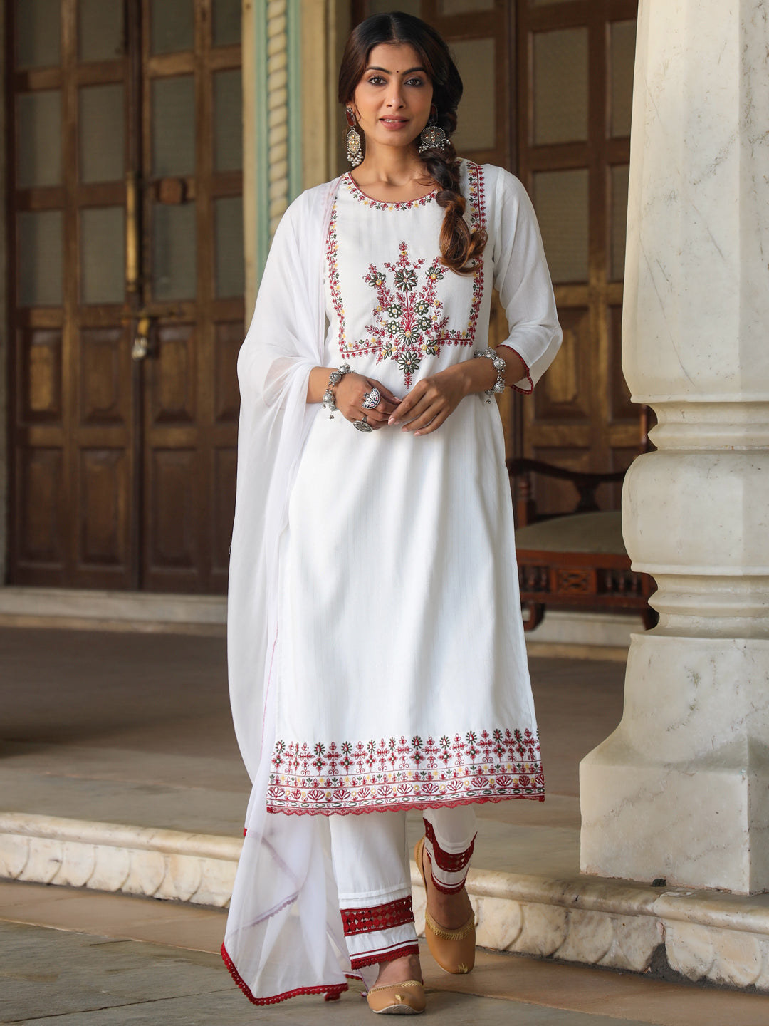 Multi-Coloured Rayon Lurex Embroidered Kurta, Pant & Dupatta Set