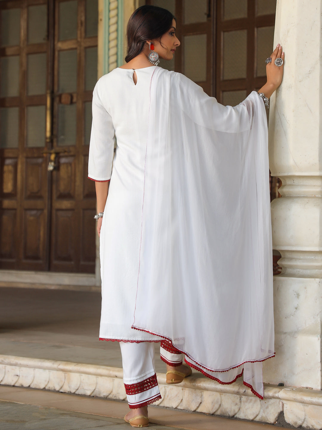 Multi-Coloured Rayon Lurex Embroidered Kurta, Pant & Dupatta Set