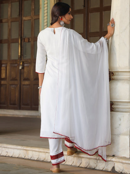 Multi-Coloured Rayon Lurex Embroidered Kurta, Pant & Dupatta Set