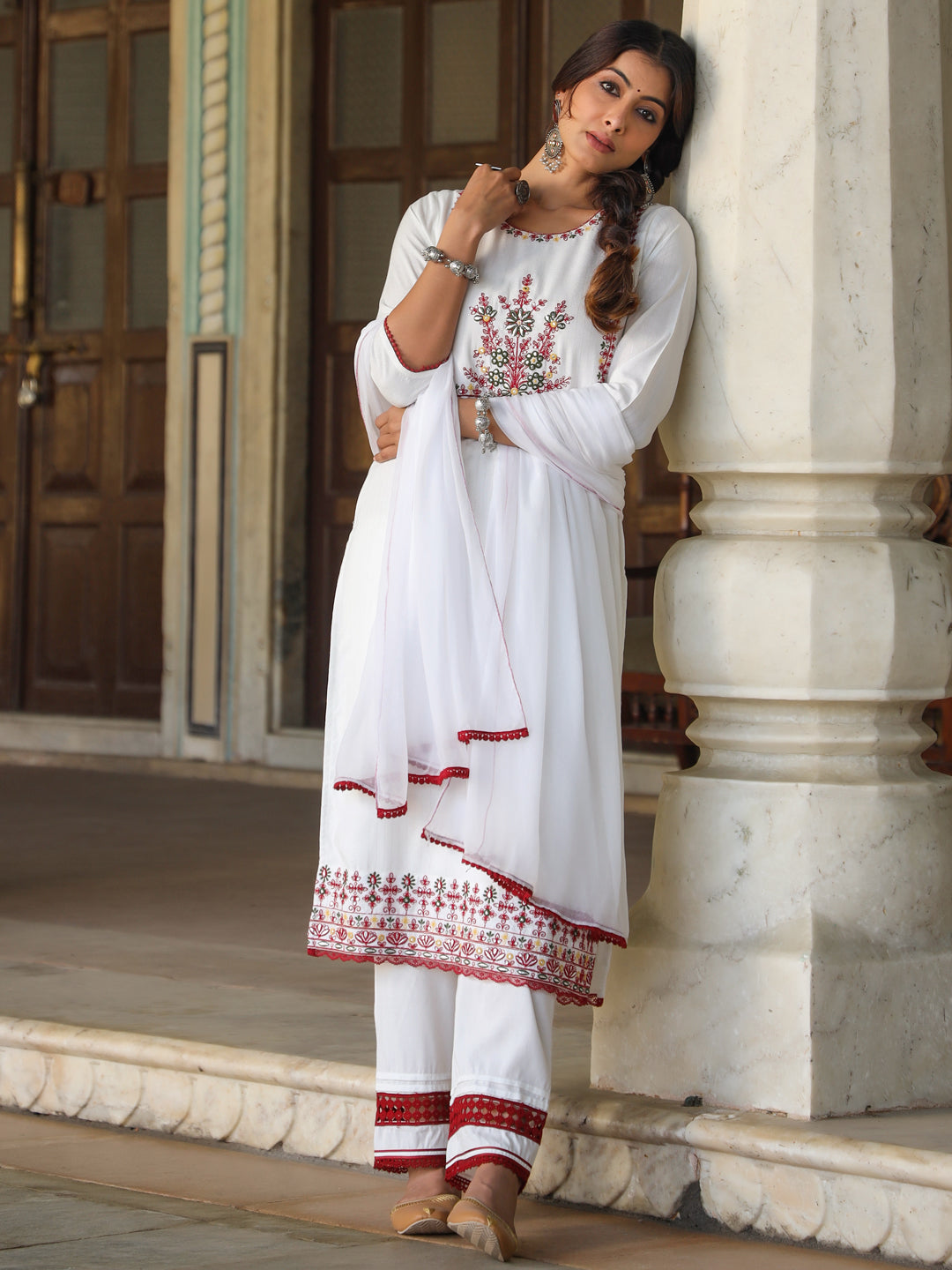 Multi-Coloured Rayon Lurex Embroidered Kurta, Pant & Dupatta Set
