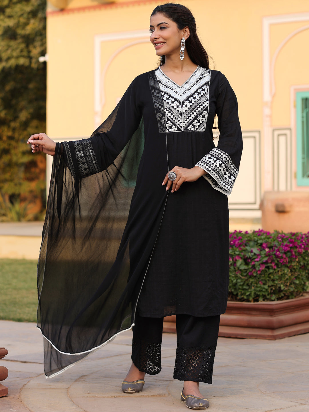 Black Cotton Dobby Embroidered Kurta, Pant & Dupatta Set
