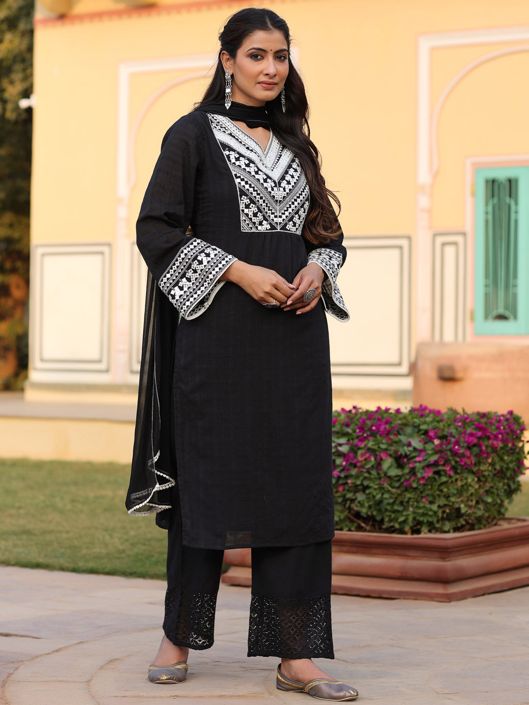 Black Cotton Dobby Embroidered Kurta, Pant & Dupatta Set