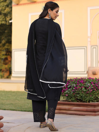 Black Cotton Dobby Embroidered Kurta, Pant & Dupatta Set