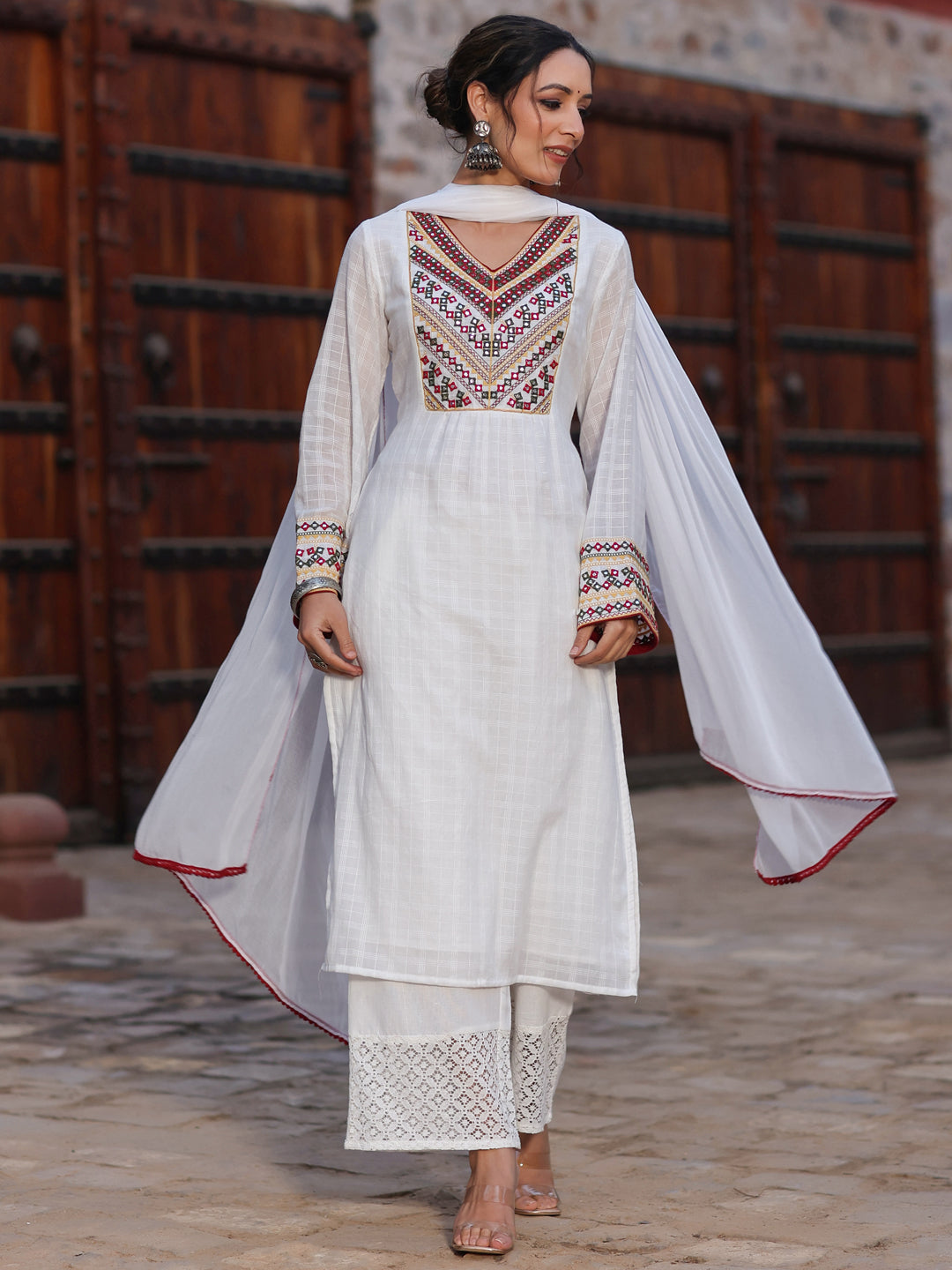 Multi-Coloured Cotton Dobby Embroidered Kurta, Pant & Dupatta Set