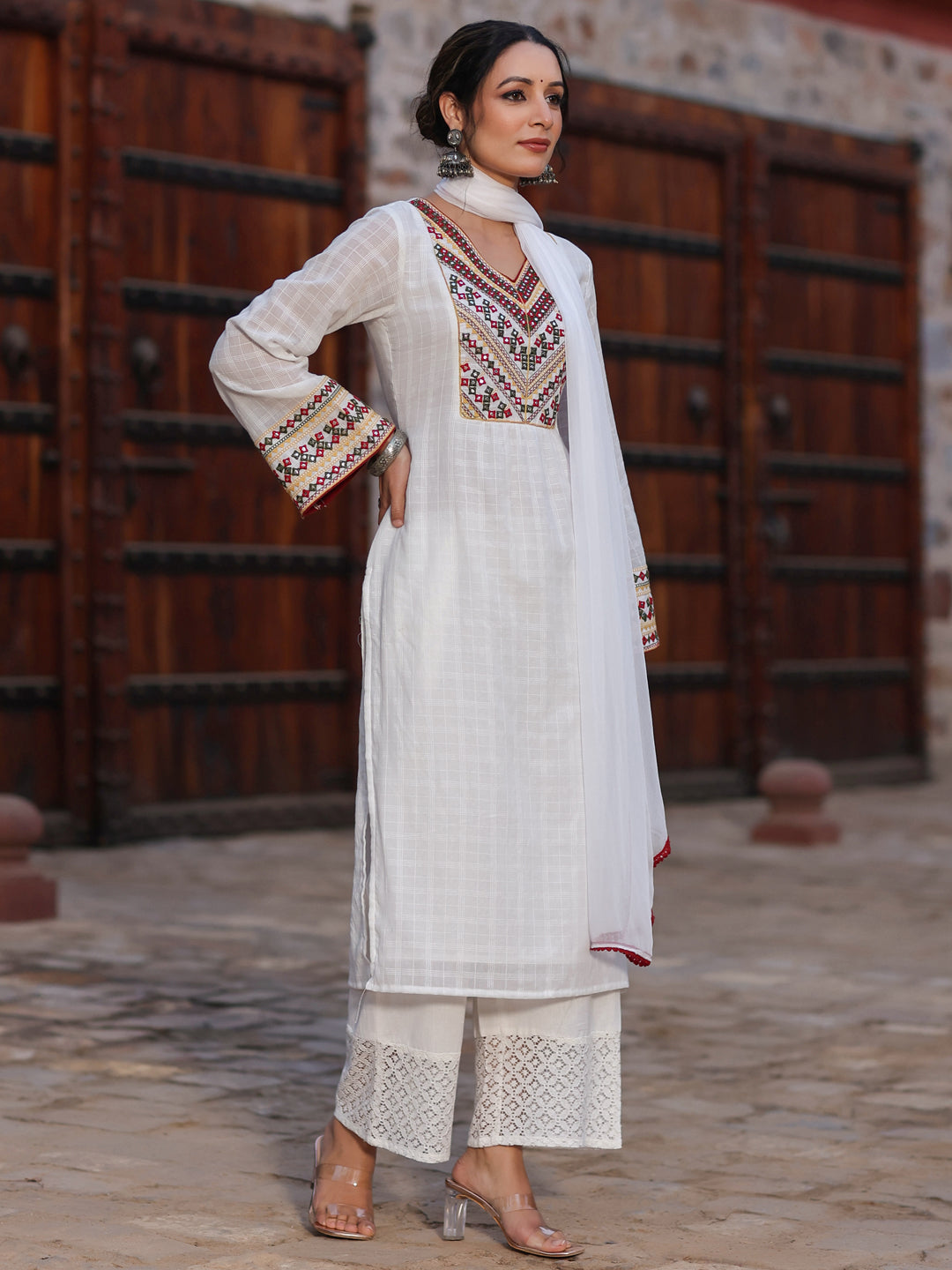Multi-Coloured Cotton Dobby Embroidered Kurta, Pant & Dupatta Set