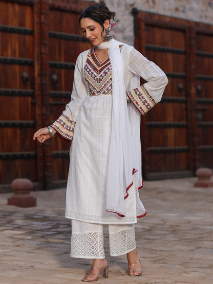 Multi-Coloured Cotton Dobby Embroidered Kurta, Pant & Dupatta Set