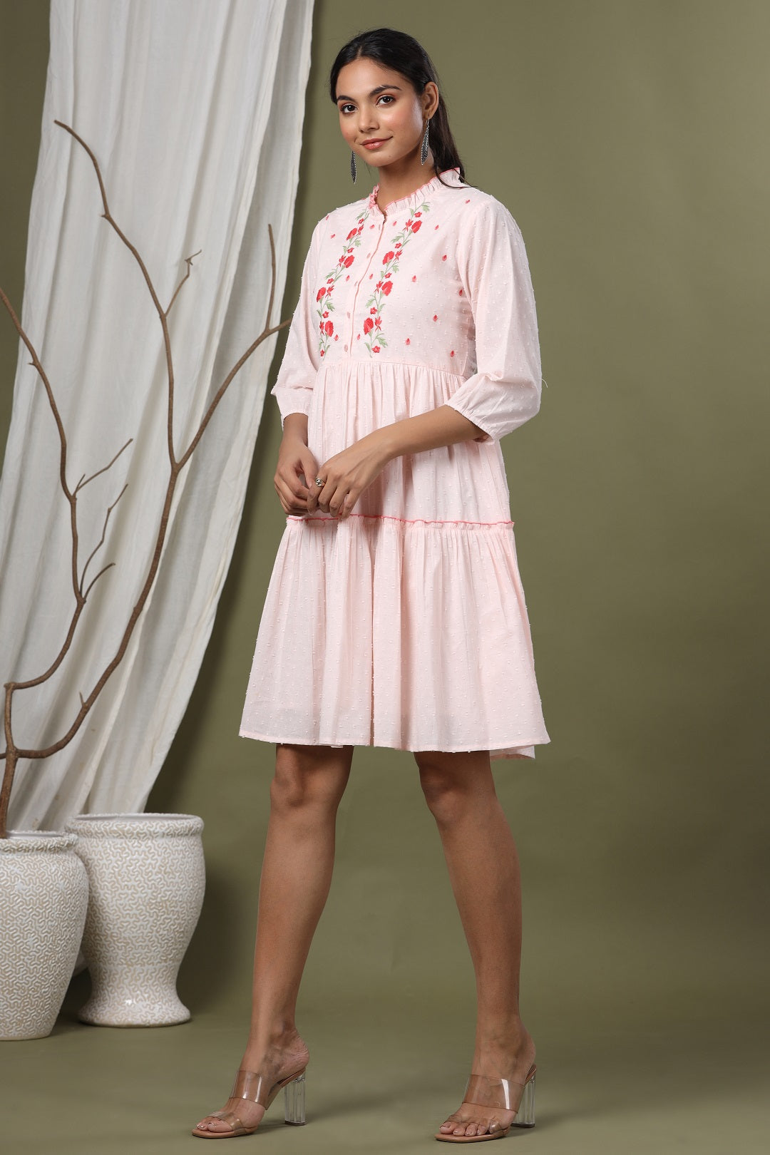 Peach Swiss Dot Festive Embroidered Tiered Dress