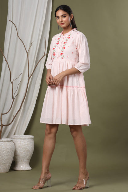 Peach Swiss Dot Festive Embroidered Tiered Dress