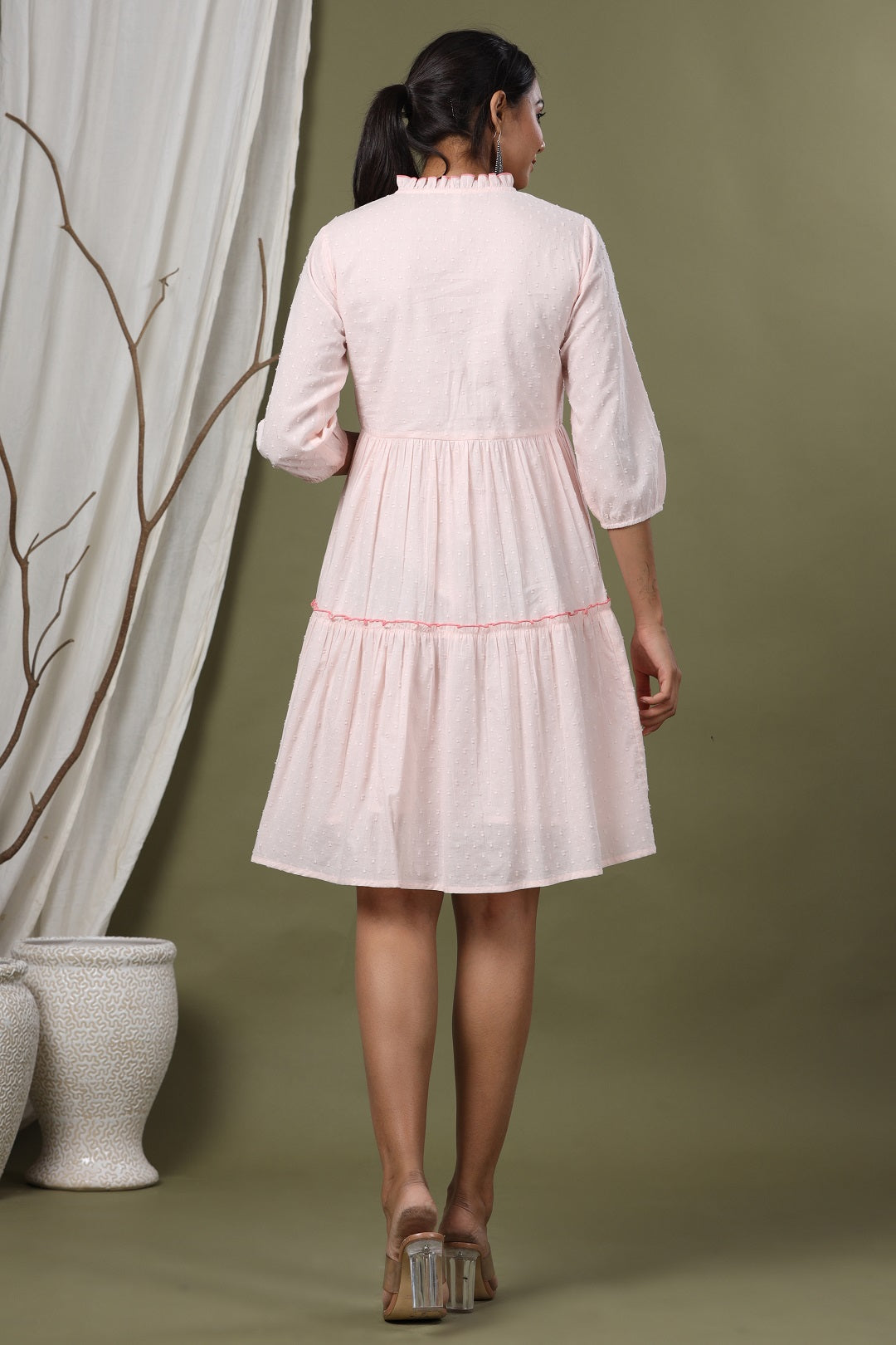 Peach Swiss Dot Festive Embroidered Tiered Dress